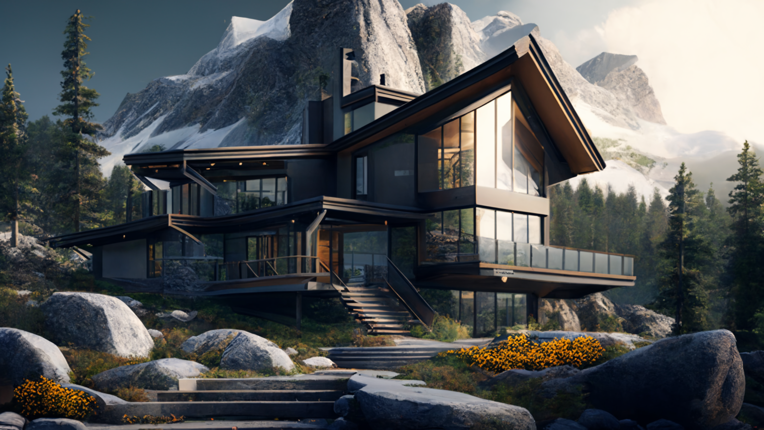How to make a photorealistic modern house in the mountains with